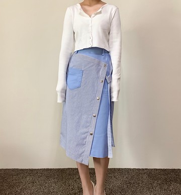 條紋切割綁帶中長裙