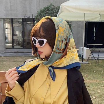 原創春秋款洋氣時尚絲巾小方巾女百搭薄款黃色小領巾圍巾頭巾