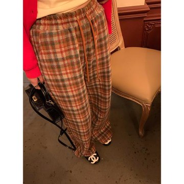 今嶼花花褲子女2024新款秋冬加絨羊毛格子褲松緊腰寬松毛呢闊腿褲