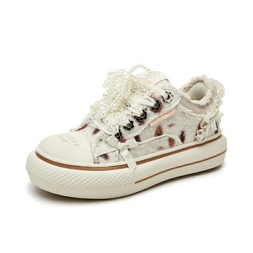 【厚底增高】帆布鞋 女鞋 百搭小白鞋 休閒鞋 運動鞋 復古火燒紋 蕾絲拼接 春季新款 透氣舒適 學生日常穿搭