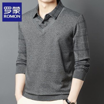 羅蒙秋冬季中年男士加絨加厚假兩件毛衣爸爸裝襯衫翻領針織打底衫