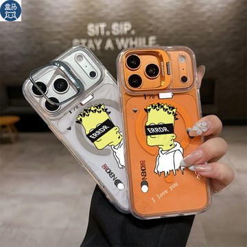 卡通抽象辛普森鏡頭支架防摔透明手機殼iPhone 17 16 15 14 13 12 11 Pro Max磁吸保護殼