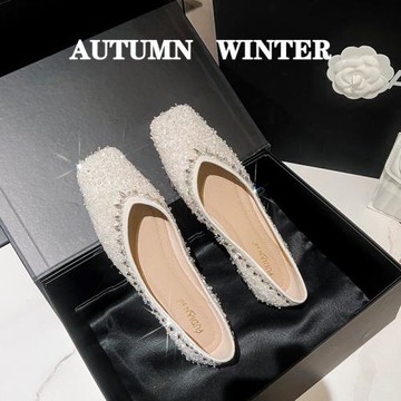 方頭單鞋女淺口平底鞋子女士銀色軟底瓢鞋伴娘婚鞋大碼女鞋41一43