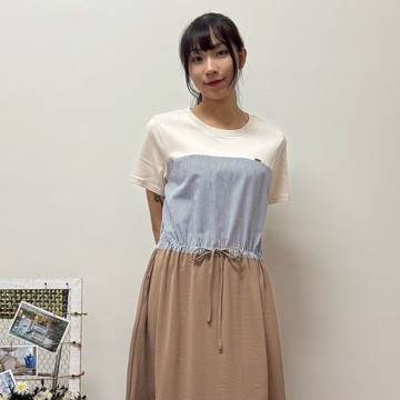 【Hana Mokuba】花木馬日系女裝條紋拼接設計・鬆緊綁帶洋裝