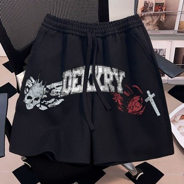 臺灣出貨 美式hiphop骷髏頭印花休閒短褲男夏季新款百搭潮流運動五分褲美式短褲四分褲夏季短褲