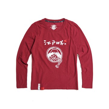 江戶勝 日系 女裝 忍者系列 注連繩LOGO字體印花長袖T恤(朱紅色)