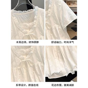蕾絲拼接系帶假兩件短袖襯衫女2025夏季新款甜美木耳邊娃娃衫上衣
