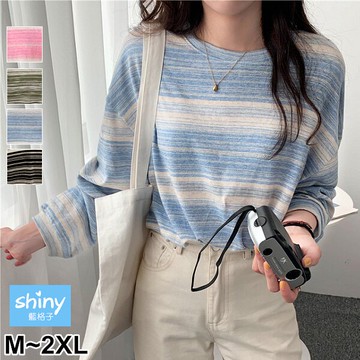 休閒氣息．條紋渲染寬鬆長袖上衣- shiny藍格子【V3423】