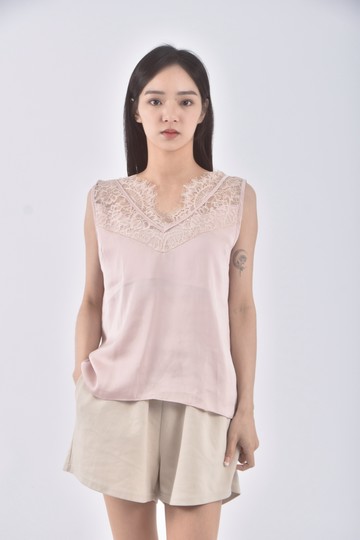 (S) urban story韓牌質感緞面蕾絲無袖粉色上衣