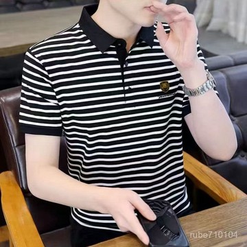 高檔夏季男士polo衫短袖T恤男休閒商務翻領半袖條紋百搭上衣 POLO衫男 工作服 男polo衫 翻領POLO衫