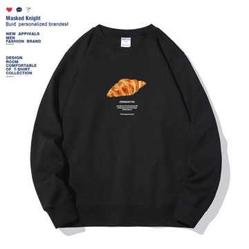 港風潮牌秋季簡約趣味牛角包印花圓領衛衣男潮寬松休閑情侶裝上衣