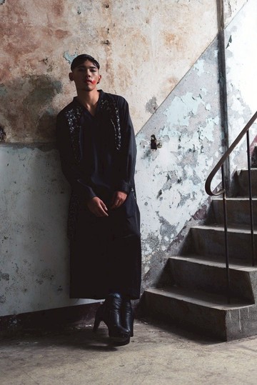 假兩件西裝領蕾絲長版上衣(162T08)