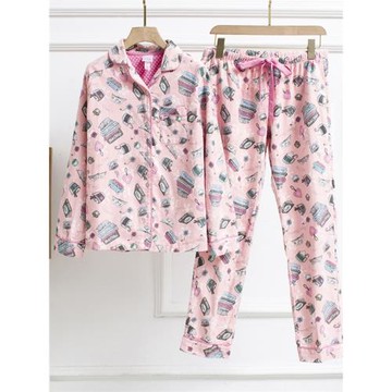 外貿純棉磨毛睡衣女套裝秋冬全棉長袖翻領開衫格子大碼甜美家居服