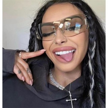無框一片式連體鑲鉆時尚潮流墨鏡Y2K千禧辣妹摩登防紫外線太陽鏡