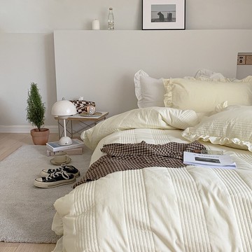 ins韓國博主款 全棉床包四件組 鋪棉兩用被 鋪棉被套組 荷葉邊枕頭套 純棉寢具 舒適親膚 加厚被套 純棉床包組 冷氣被