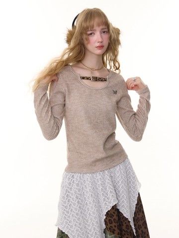 ziziFei秋冬美式設計感修身顯瘦上衣豹紋扣領長袖T恤針織打底衫女