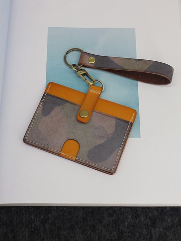 復古迷彩卡套 真皮鑰匙扣掛件