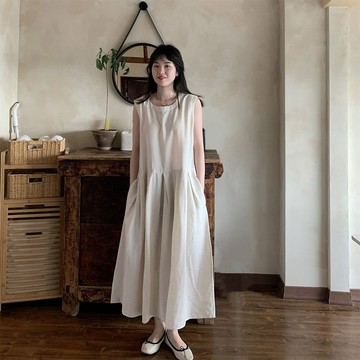 亞麻棉麻大擺無袖裙 / 簡約純色日系復古 / 高級質感寬鬆背心裙