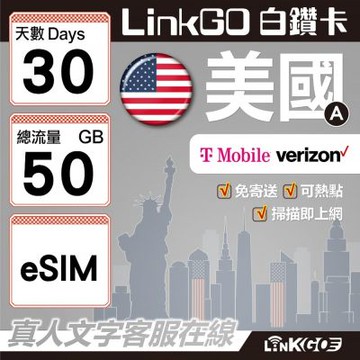 LinkGO白鑽卡 美國A eSIM卡 30天上網卡 總流量50GB  高速流量(美國網卡 舊金山 洛杉磯 紐約 西雅圖)