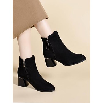 羊皮女士絨面短靴女2025新款春秋單靴尖頭洋氣瘦瘦靴粗跟真皮女鞋