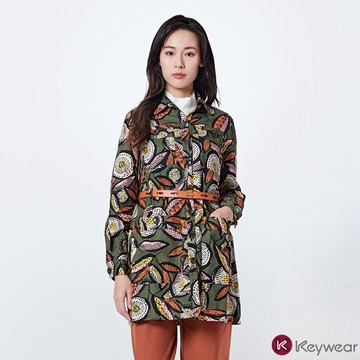 【KeyWear 奇威名品】獵風綠色花型長袖外套 橄欖綠色