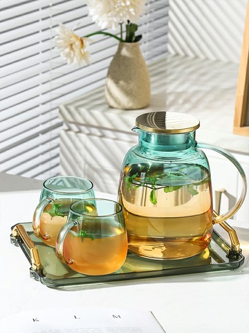 高硼硅玻璃耐熱冷泡壺涼水壺漸變色水壺水杯套裝輕奢大容量涼白開 廚房小物