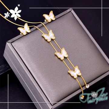 【伊飾童話】白貝蝴蝶＊流蘇鈦鋼耳環項鍊組