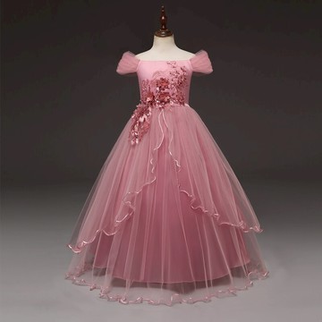 中大女童長款一字肩晚禮服裙小朋友唱歌晚會長款花仙子連衣裙