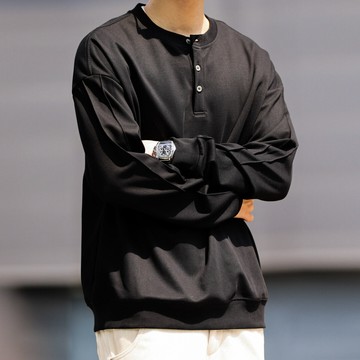 Wuluwear 美式休閒斜紋340g重磅亨利領大學T男士袖口拉線設計上衣