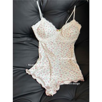 Nicelaisiii戀夏 甜美法式少女感碎花連體衣帶胸墊純欲蕾絲家居服