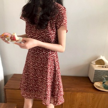 溫柔雪紡碎花短袖連衣裙新款夏季女裙子氣質韓版收腰顯瘦短裙