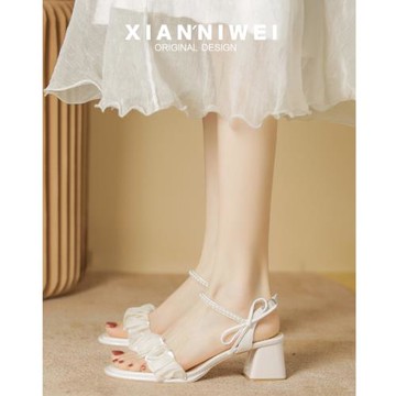 夏季2025年新款涼鞋粗跟韓版百搭配裙子一字扣帶仙女風中跟高跟鞋