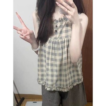 日系溫柔風格子無袖背心女夏季2025新款小個子甜美娃娃衫短款吊帶