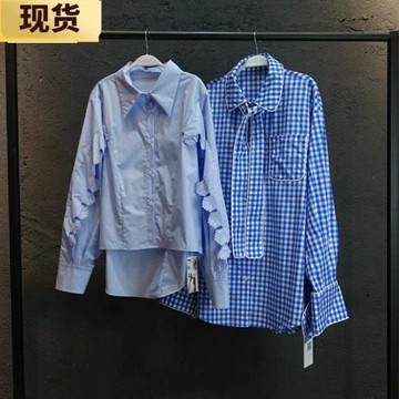 【現貨】阿希 刺繡藍襯衫和領帶反光條格子襯衫女秋冬設計感襯衣