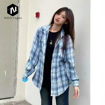 【Nico】美式格子新款慵懶藍色復古襯衫外套寬鬆休閒長袖上衣春秋季襯衣