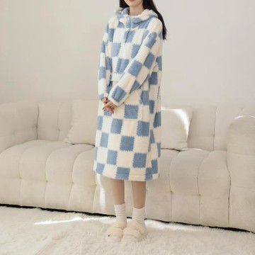 【藍尼居家】★舒棉絨棋盤格連帽睡衣(女睡衣/家居服/舒適)