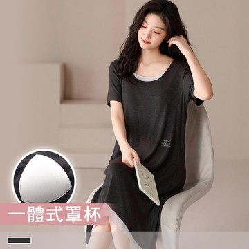 連身睡裙【罩杯式】慵懶貓語 撞色涼爽螺紋短袖睡衣 居家服 13082