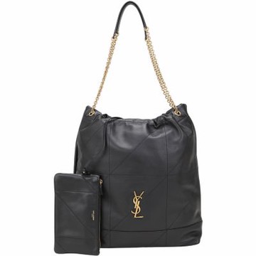 YSL Saint Laurent 大型 JAMIE POCHON 絎縫小羊皮抽繩直筒鍊帶包(黑色)