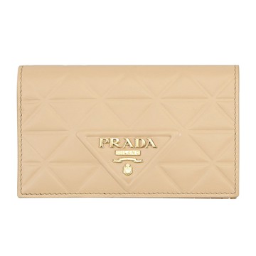 PRADA 1MV020 浮雕LOGO立體三角壓紋對開零錢中夾.沙色