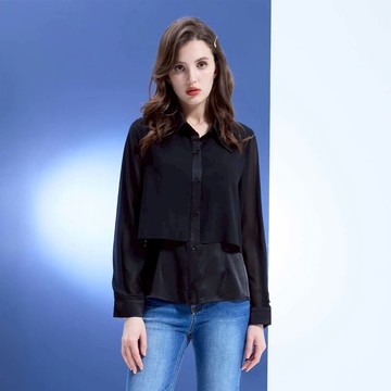 HONOR綁帶拼接雙層襯衫-黑