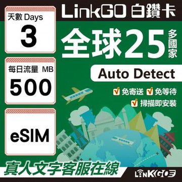 LINKGO白鑽卡 全球25國 eSIM卡 3天上網卡 每日500MB(全球網卡 亞洲 歐洲 美洲 大洋洲 非洲)