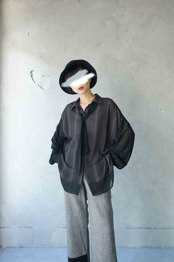 設計手作-黑色點線面拼接透膚雪紡綁帶寬鬆襯衫