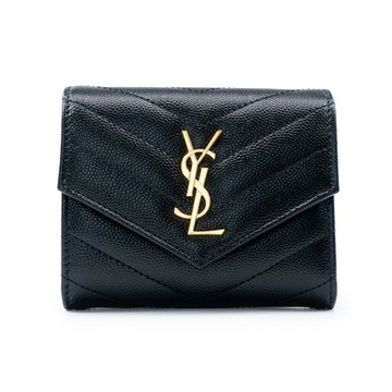 YSL 聖羅蘭 山形紋三折短夾 內含釦式全開零錢袋 (黑/金)