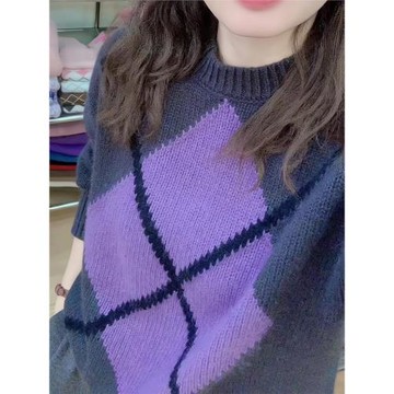 花斜重磅早秋2025新款圓領紫色菱格針織毛衣長袖女裝高級感上衣潮
