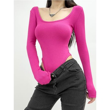 歐美ins風性感方領修身彈力打底連體衣女高腰內搭長袖T恤外穿上衣