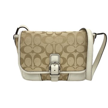 coach杏色帆布滿版老花肩背翻蓋包