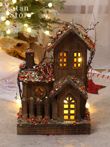 圣誕樹裝飾品創意擺件裝飾圣誕木房子屋子帶燈櫥窗商場場景布置