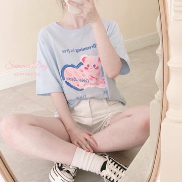 寬松正肩 奶油蛋糕小熊字母 基礎可愛百搭 藍白黑色 短袖T恤 U