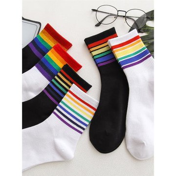 黑色彩虹搭配鯊魚褲運動春秋長純棉配的秋冬條紋襪子女中筒潮彩色