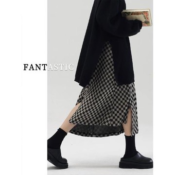 高腰開叉格子半身裙女2025新款冬季大碼胖mm顯瘦遮肚中長款a字裙